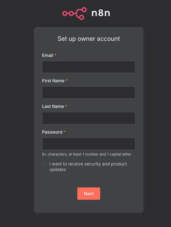 The n8n owner account setup screen with fields for email, first and last name and password