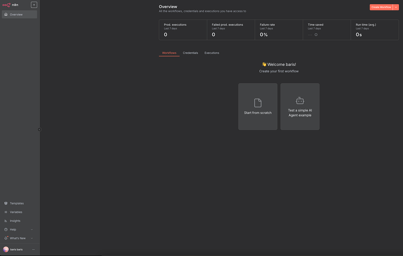 The n8n workspace after the first login